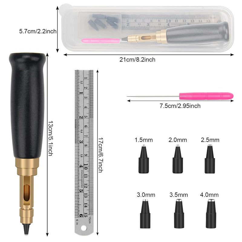 Boyistar Japanese Screw Punch, Wood Handle Belt Hole Puncher, Adjustable Leather Hole Punch Tool for Belts, Watch Band, Handbags with 6 Tip Sizes 4/3.5/3/2.5/2/1.5mm Screws - Image 2